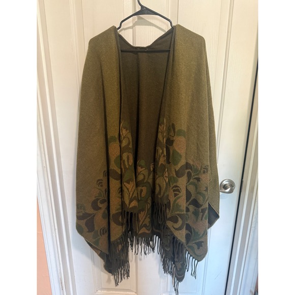 Jackets & Blazers - Olive Green Reversible Floral Fringe Cape Open Front Wrap Coat One Size
